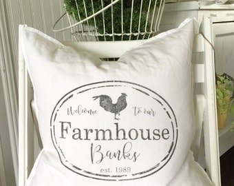 Welcome to our Farmhouse Personalized | Family Name | Distressed Label | Pillow Cover | Farmhouse Decor | Cottage Decor | Cottage Pillows