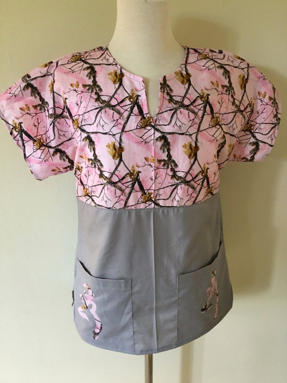 Pink and grey camo scrub top buckmark by Medicalscrubsmade4u