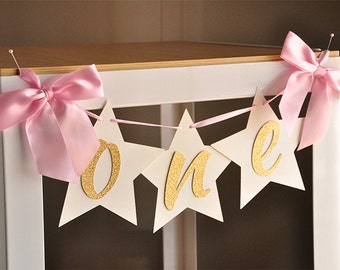 Twinkle Twinkle Little Star First Birthday.  One Highchair Banner. Handcrafted in 1-3 Business Days.  Pink and Gold Party Decorations.