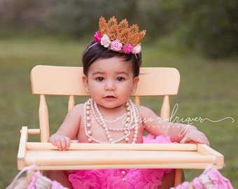 First Birthday Crown - Small Crown - Pink and White Flowers - Newborn Gold Crown - Photo Prop - First Birthday Cake Smash - Baby Gold Crown