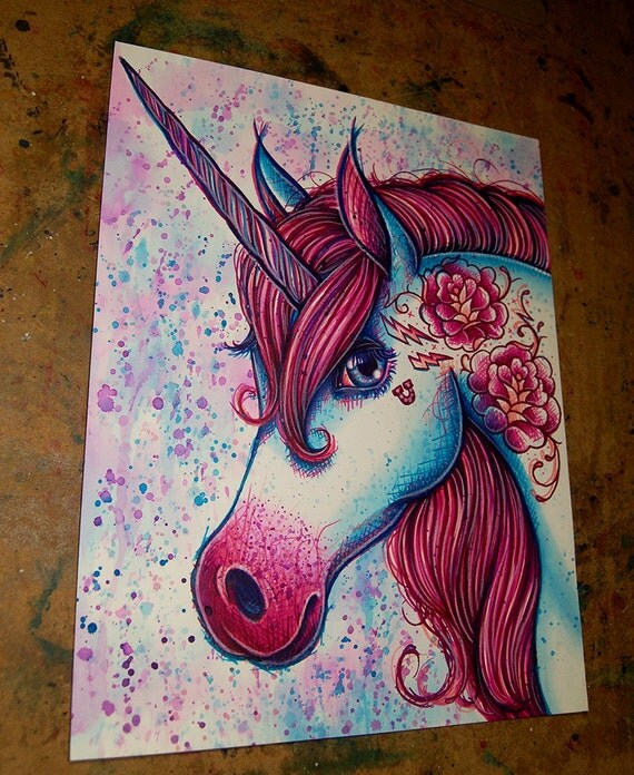 ORIGINAL PAINTING Unicorn Pop Art Artwork 11x14 in. Pink and