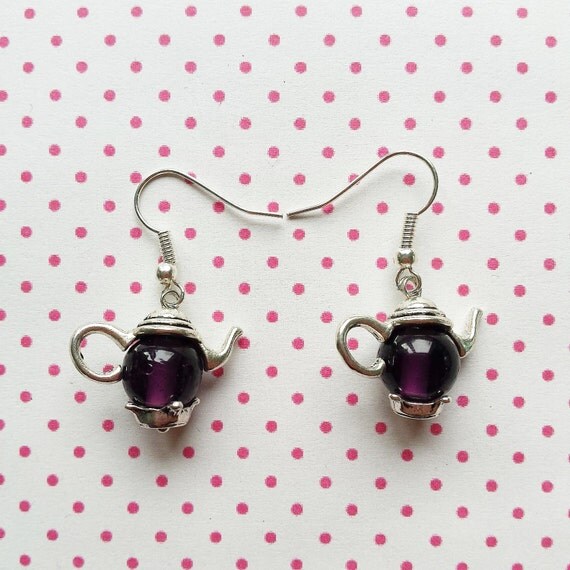 Purple teapot earrings special handmade jewelry great gift for