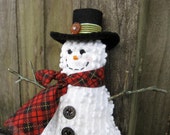 WWOFG Primitive Snowman Ornament, PRIM Happy Snowman Tuck, vintage chenille, buttons, rustic, folk, Red Black, Cute Smiling Snowman Decor