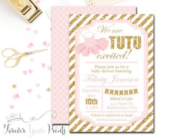 Girl’s Baby Shower Invitation, Pink and Gold Baby Shower Invitation, Ballerina Baby Shower, Tutu Invitation, Glitter Striped Baby Shower Il_570xn