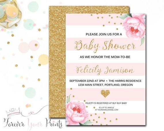 Pink and Gold Baby Shower Invitation, Girls Baby Shower Invitation, Floral Baby Shower Invitation, Glitter Baby Shower, Baby Shower Girl Il_570xn
