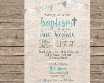 Burlap Boy Baptism Invitation (or any event) - Professional Prints or DIY Printing