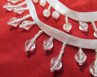 Crystal CLEAR White Short Beaded Fringe Trim Alternating Length Teardrop Beaded Decorator Trim
