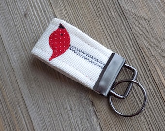 Key fob key chain with red bird, bird key chain, mini key fob, fabric key fob with bird, red bird