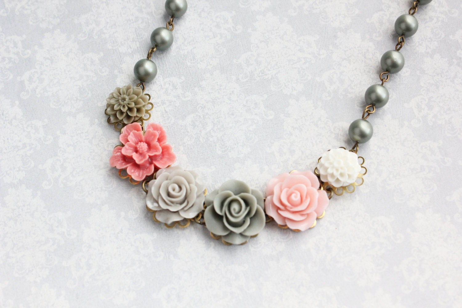 Sage Green Floral Necklace Rose Necklace by apocketofposies