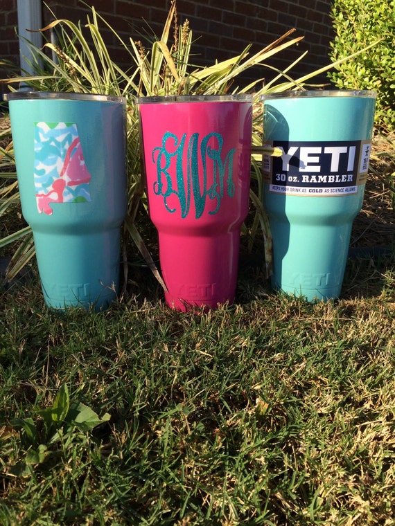 tumblers with glitter Powder Yeti Rambler painted by Coated Monogram tumbler