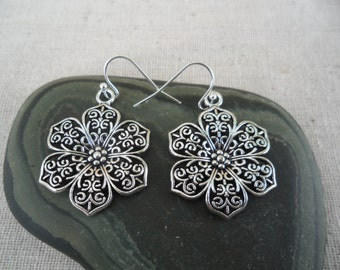 Silver Flower Earrings - Gypsy Boho Chic Jewelry - Silver Filigree Earrings - Bohemian