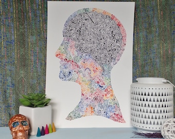 Mental Health Art, A3 Poster, Mental Health, Portrait Art, Anatomical Art, Original Art Print, Rainbow Painting, Cameo, Conceptual Art,