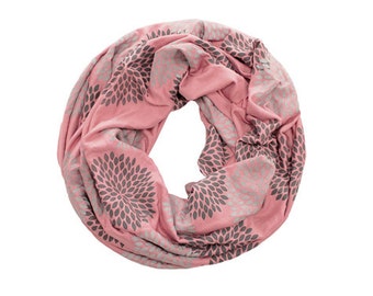 INFINITY SCARF - Screen Printed - Gray Double Flowers on Rouge