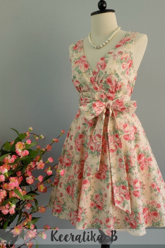 Peach dress V neck dress floral dress peach party dress floral