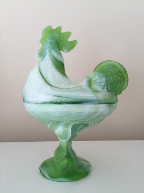 Kanawha Standing Rooster Green Slag Milk Glass