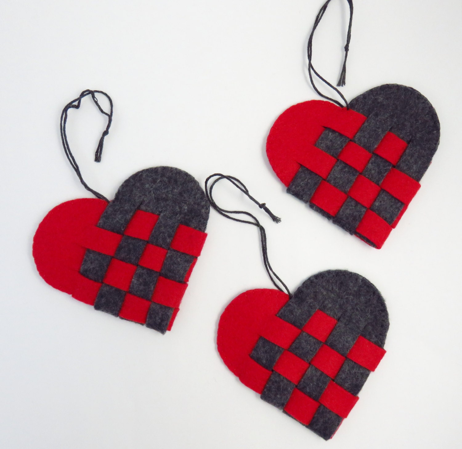 Danish Woven Heart Ornaments Set of Three Handmade Felt