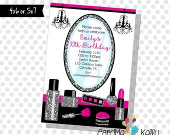 Printable Girlie Glitter and Sparkle Sequins Birthday Makeup Spa Party Invitation - Printable Digital File