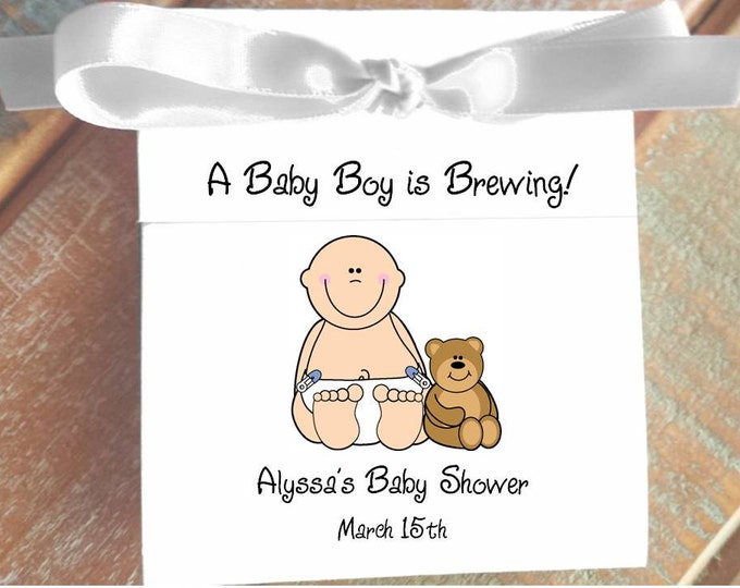 Super Cute Baby Boy with his teddy bear tea bag party favor for a Baby Shower or Baby Sprinkle