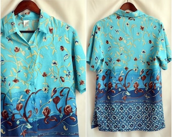 Men Dress Shirt S-M Vintage Thaiti Tunic Long Floral Summer Cotton Button Top