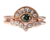 Green and White Diamond Evil Eye Engagement Ring Set - 14k Rose Gold