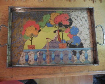 Vintage 1920s Art Deco/Art Nouveau Colorful Glass and Metal Tray Silver Tone Orange/Blue/Gold/Black/Yellow Handles Footed Decorative