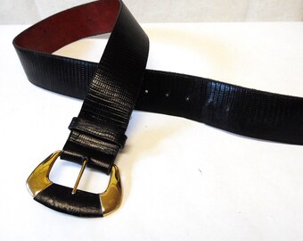 Wide Black Leather Belt Reptile Print Size Medium