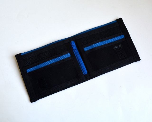 Black and blue seat belt wallet with coin pocket velcro