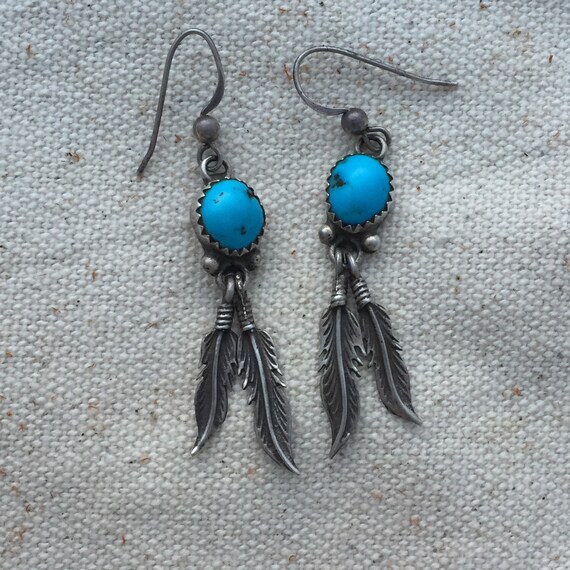 Vintage Turquoise And Feather Earrings Sterling Silver Dangle 2918