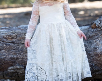 lace girl dress, flower girl dress, flower girl lace dresses, long sleeve dress, country lace dress, cream toddler dress, ivory lace dress