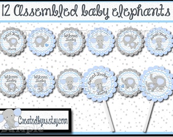 Baby Elephant Cupcake Toppers Elephant Baby boy shower Decorations Custom baby elephant favors cupcake picks topper cupcake top 12 assembled