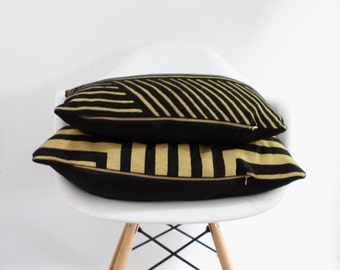 Doha lumbar pillow cover handprinted in metallic gold on black organic hemp