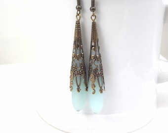 Long blue earrings sea glass ear rings beach glass jewelry earrings-bridesmaid earrings- teardrop antique bronze extra long earrings