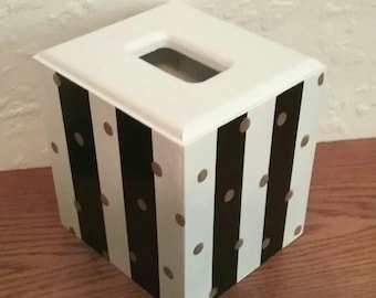 Black and White Tissue Box Cover - Striped Tissue Holder - Striped box - Polka Dot Tissue Holder - Gold Dots - Wooden Tissue Box