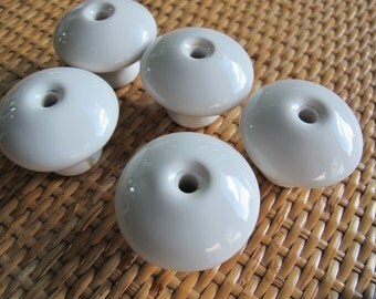 White ceramic knobs (6 in stock) / white porcelain knobs / china dresser drawer pulls / white stem knobs