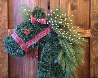 Christmas Horse Head Wreath with Plaid Halter / Christmas Garland Horse