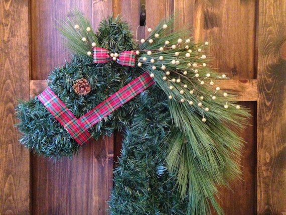 Christmas Horse Head Wreath Golden Plaid/Christmas