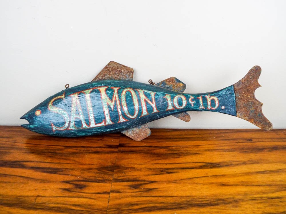 Vintage Wooden Blue Novelty Salmon Wall Art Sculpture Unique