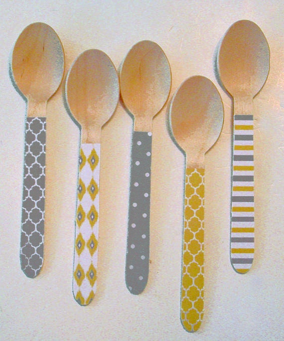 Yellow and Grey Multi-Pattern Wooden Forks, Spoons or Knives - Set of 20 Il_570xn