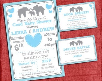 Elephant Baby Shower Invitation Theme Coed Couples Baby Shower Set -Invite + Diaper Raffle Ticket + Book Request - I design you print