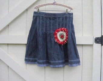 Denim pleated skirt, M Rustic skirt, bohemian skirt, Boho skirt M, cowgirl denim skirt, upcycled