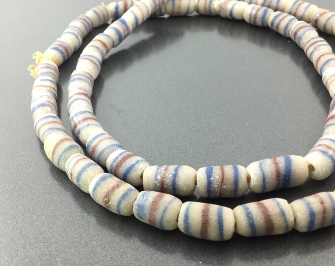 Long Vintage African King Trade Beads - Venetian Powder Glass - Antique Necklace, Tribal. Blue and Red Striped Beads.