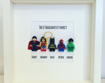 Lego Father Dad Mum Day mini-figure Superhero Family Frame. New Baby. Pet. Dog. Lego Baby Cat. Superman, Wonder Woman. Personalised Marvel