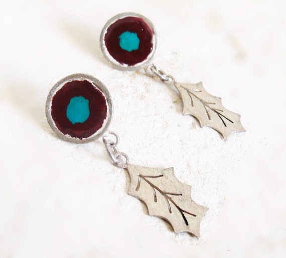 Items similar to Round Stud Earring with Dangle Silver Leaf Abstract