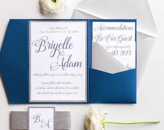 Silver and Navy Blue Wedding Invitation Package with Enclosure Cards and RSVP, Navy Blue and Silver Glitter Wedding Suite, Briyelle
