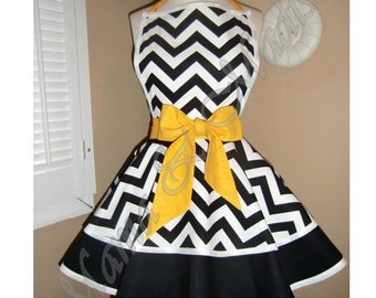 Chevron Print Accented with Golden Yellow Womans Retro Apron With Tiered Skirt And Bib