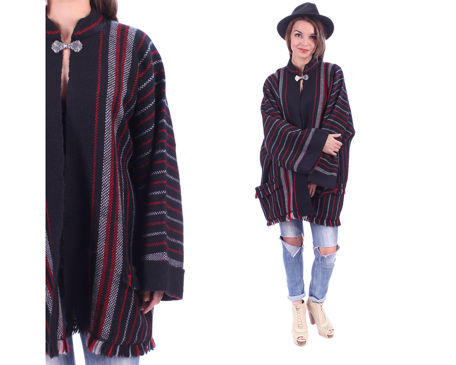 MEXICAN Blanket Coat Wrap 70s Vintage Cape Oversize Fringe