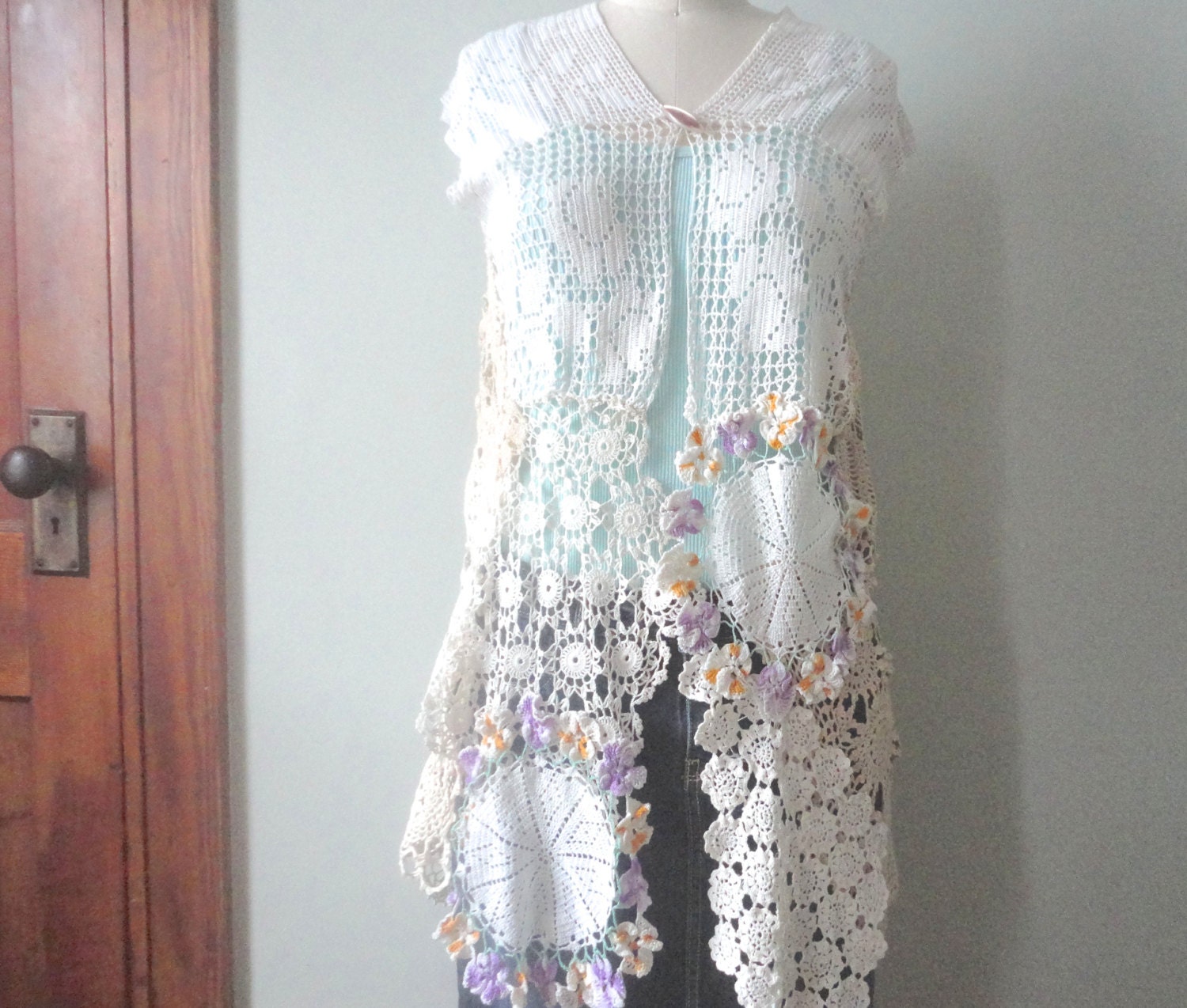 Boho Crochet Doily Vest Upcycled Doily Top Shabby Chic
