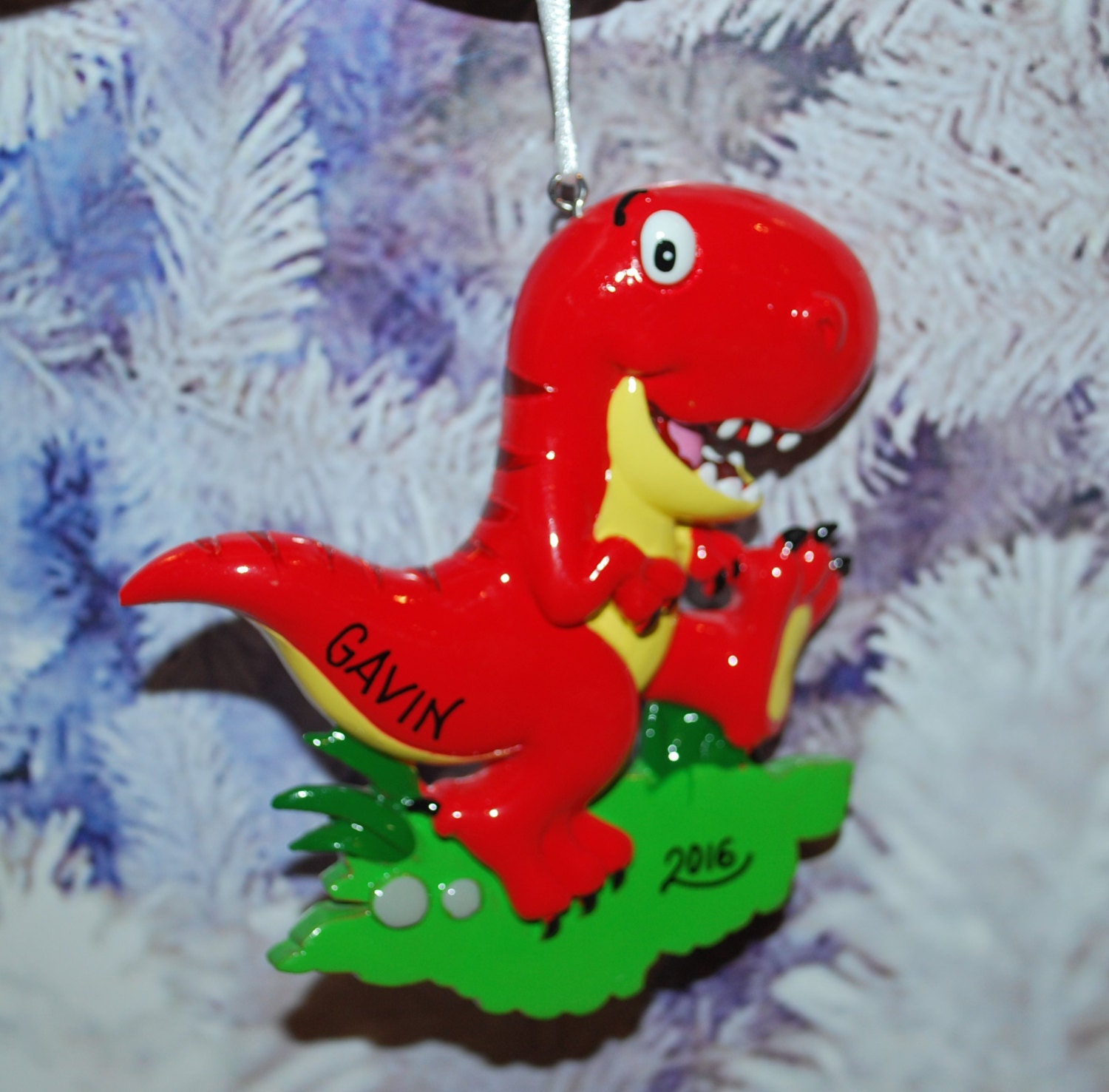 Personalized Red Dinosaur Christmas Ornament