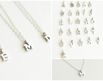 Block Letter Necklace In Sterling Silver, Silver Block Initial Necklace, Childrens Necklace, Gift For Mom, Birthday Gift, Tiny Initial Charm