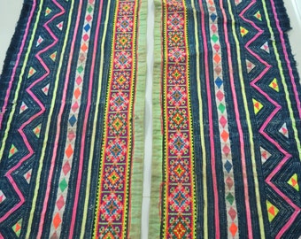 Handwoven Hmong hemp and cotton, Vintage fabric Indigo cross stitch textiles and fabrics- Table runner,